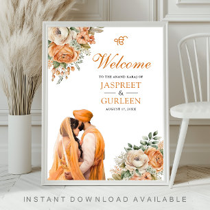 Orange Blommig Anand Karaj Bröllops Välkomstskylt Poster