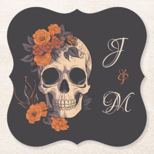 Orange Blommig Elegant Dödskalle Monogram Bröllop Underlägg Papper
