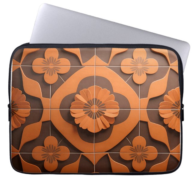 Orange Blommig Medaljong Geometrisk Kakel Mönster Laptop Fodral (Framsidan)