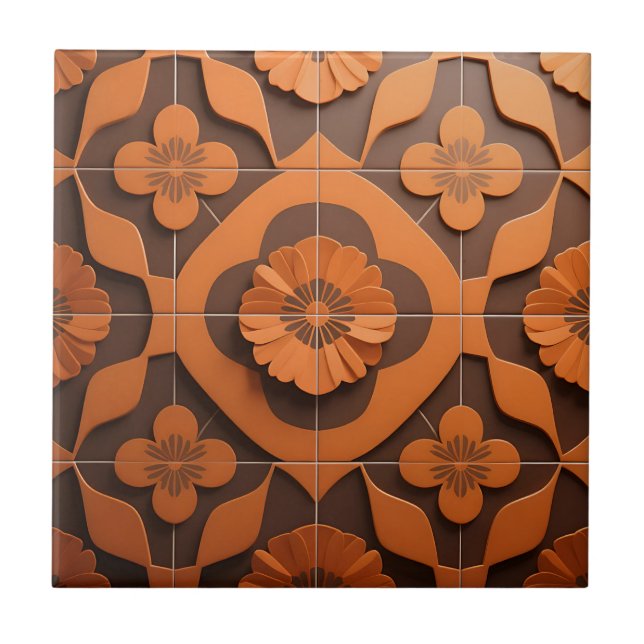 Orange Blommig Medaljong Geometriskt Kakel Mönster (Framsidan)