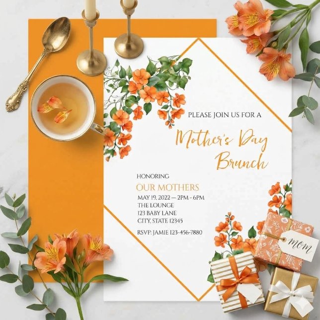 Orange Blommig Morsdagsbrunch-inbjudan Inbjudningar (Skapare uppladdad)