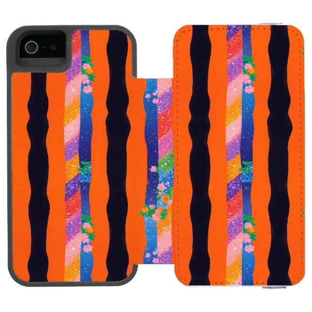 Orange Blommig Vågig Randmönster Incipio iPhone Wallet Skal (Folio Öppen)