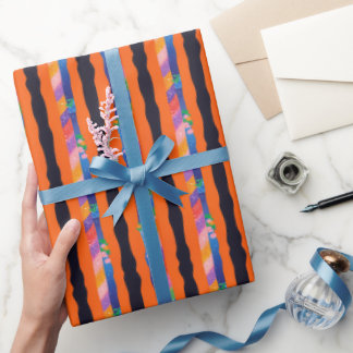 Orange Blommig Vågig Randmönster Presentpapper