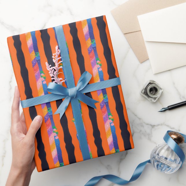 Orange Blommig Vågig Randmönster Presentpapper (Gifting)