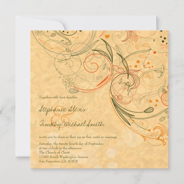 Orange + blommigt av oliver snurrar bröllopsinbjud inbjudningar (Framsida)