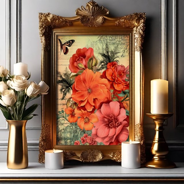 Orange Blommigt Botaniskt Poster (Vintage Floral Ephemera)