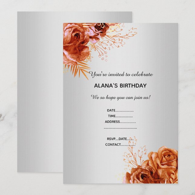 ORANGE BLOMMIGT BOUQUET ELEGANT TILLFÄLLEN SILVER INBJUDNINGAR (Fram/baksida)