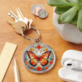 Orange Blommigt Butterfly Stached Glass Rund Silverfärgad Nyckelring