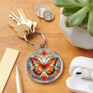 Orange Blommigt Butterfly Stached Glass Rund Silverfärgad Nyckelring