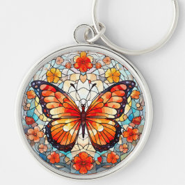 Orange Blommigt Butterfly Stached Glass Rund Silverfärgad Nyckelring