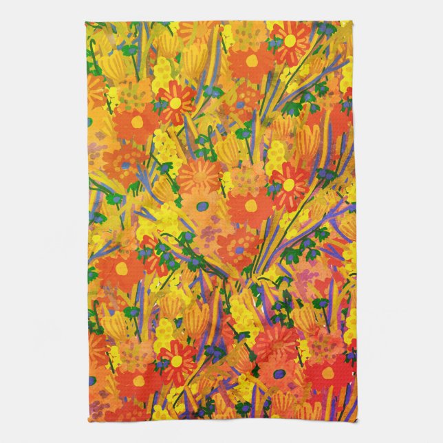 Orange Blommigt Cheerful Kökshandduk (Vertikal)