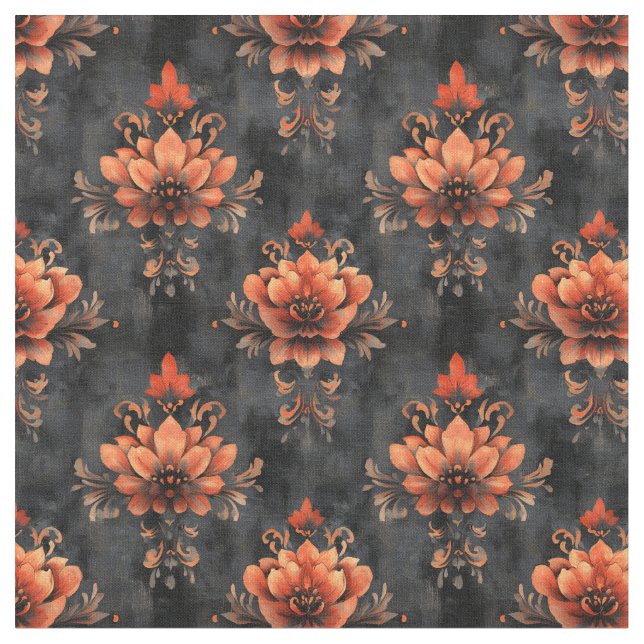 Orange Blommigt Damask on Distress Black Tyg (Närbild)
