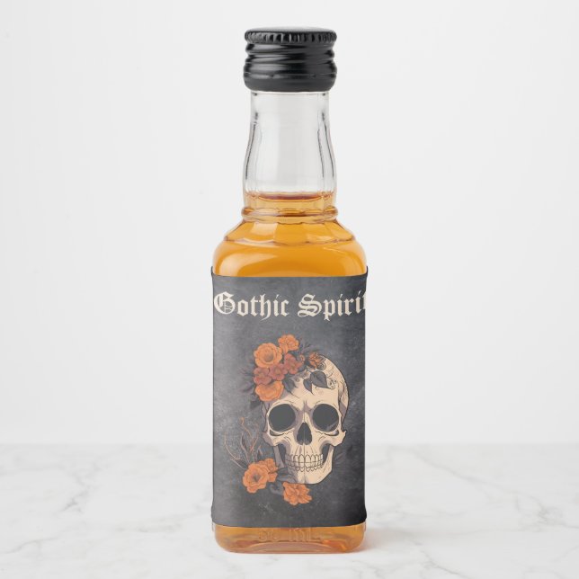 Orange Blommigt Elegant Skull Monogram Bröllop min Spritflaskor Etikett (Framsida)