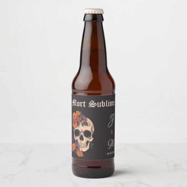 Orange Blommigt Elegant Skull Monogram Bröllop öl Ölflaska Etikett (Framsida)