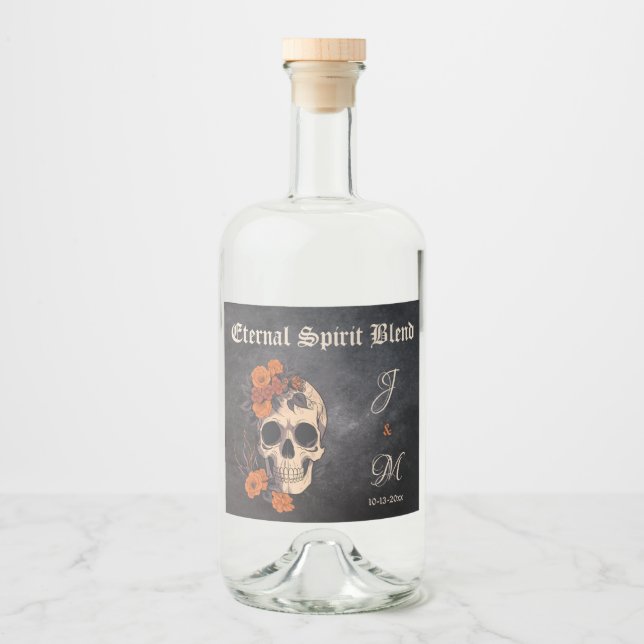 Orange Blommigt Elegant Skull Monogram Bröllop Spritflaskor Etikett (Framsida)