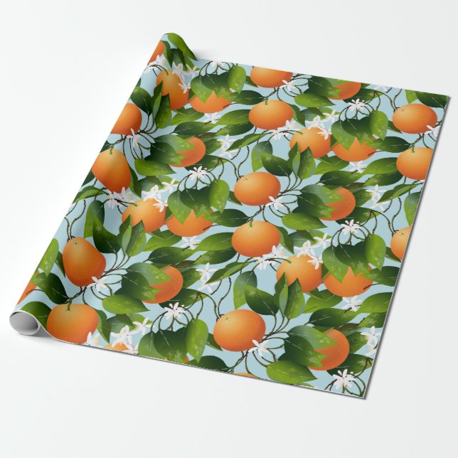 Orange Blommigt Fruit Garden Presentpapper (Utrullad)