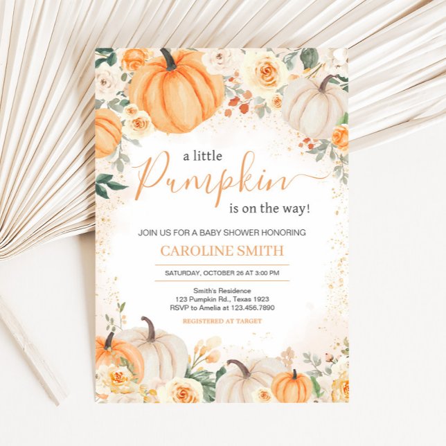 Orange Blommigt Greenery Little Pumpkin Baby Showe Inbjudningar (Greenery Floral Pumpkin Invitation
)