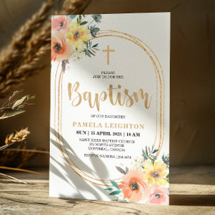 Orange Blommigt Guld Oval Baptism Inbjudningar
