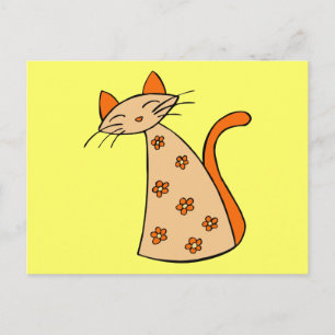 Orange Blommigt Katt Vykort