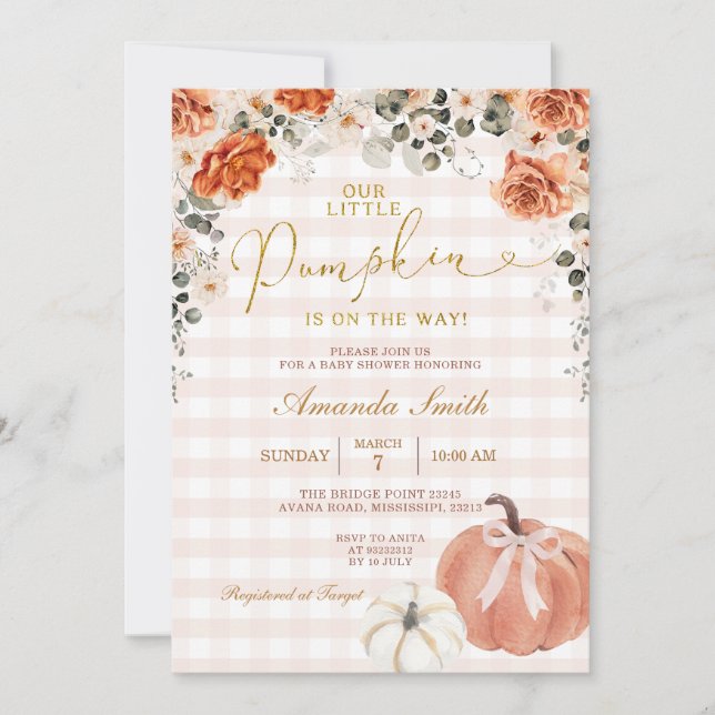 Orange Blommigt Little Pumpkin Gingham Baby Shower Inbjudningar (Framsida)