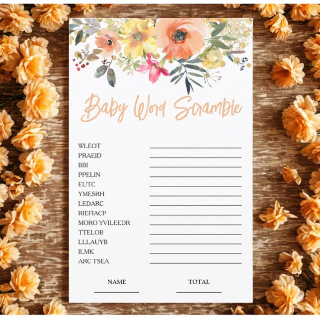 Orange Blommigt Ord Scramble Baby Shower-spel (Skapare uppladdad)