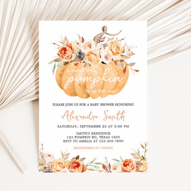 Orange Blommigt Pumpkin Baby Shower Inbjudningar (Pumpkin Floral Baby Shower Invitation)