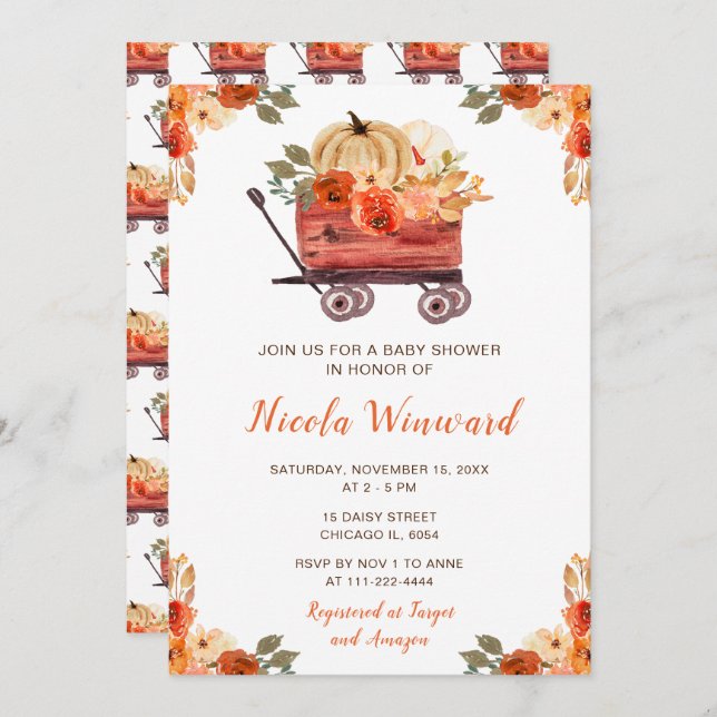 Orange Blommigt Pumpkin Lastbil Baby Shower Inbjudningar (Fram/baksida)