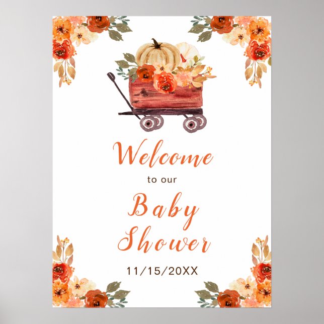 Orange Blommigt Pumpkin Lastbil Baby Shower Poster (Framsidan)