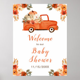 Orange Blommigt Pumpkin Lastbil Baby Shower Poster