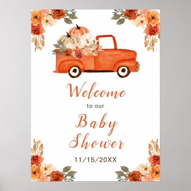 Orange Blommigt Pumpkin Lastbil Baby Shower Poster (Framsidan)