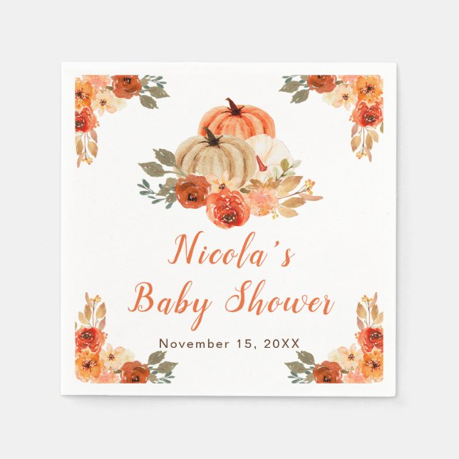 Orange Blommigt Pumpkins Baby Shower Pappersservett (Framsidan)