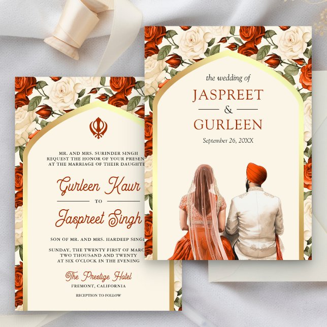 Orange Blommigt Punjabi Anand Karaj Sikh Bröllop Inbjudningar (Skapare uppladdad)