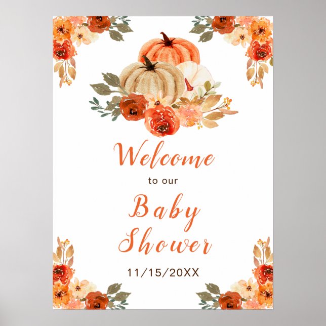 Orange Blommigt Rustic Pumpkins Baby Shower Poster (Framsidan)