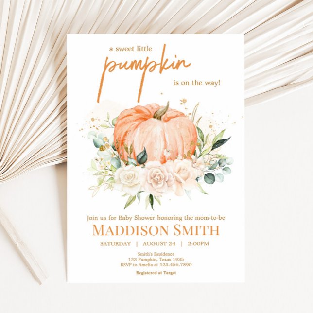 Orange Blommigt Söt liten babystövel för Pumpkin Inbjudningar (Sweet Floral Little Pumpkin Baby Shower Invitation
)