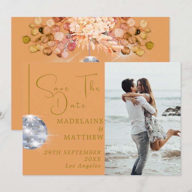 Orange Blommigt - Spara datum Bröllop Datumet (Fram/baksida)