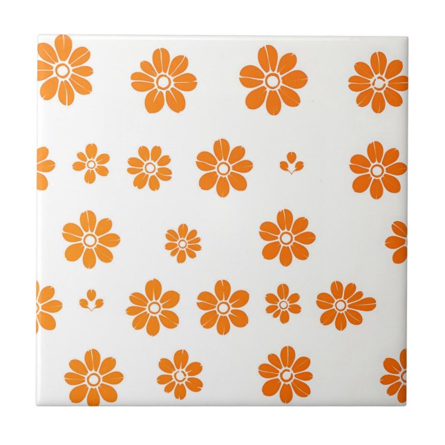 Orange Blommigt Stencil Mönster på vit bakgrund Kakelplatta (Framsidan)