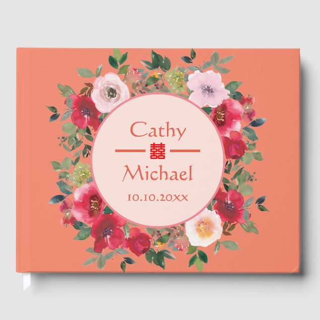 Orange blommigt Wandefransk te-ceremoni i bröllop Gästböcker (Framsida)