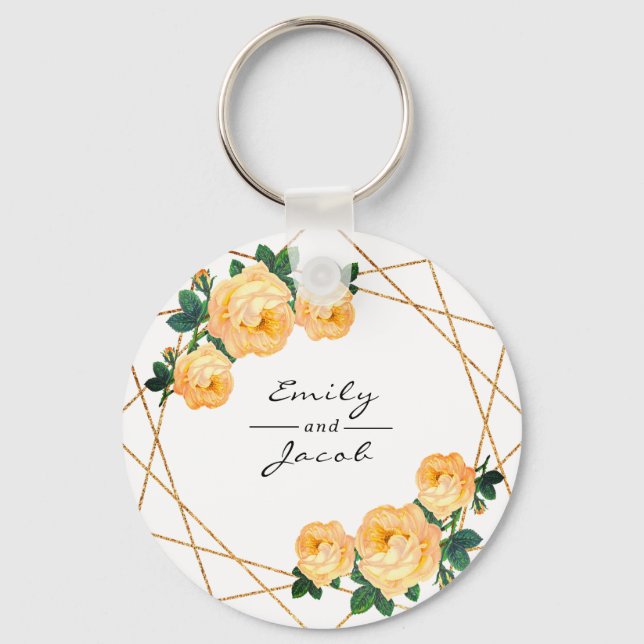 Orange Blommigt Wed Elegant Guld Glitter Geometric Nyckelring (Framsida)