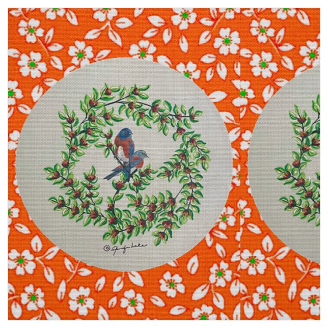 Orange blommigt Western Bluebird Fabric Tyg (Provkarta)