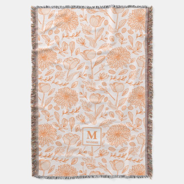 Orange blommonogram kastfilt filt (Framsidan Vertikal)