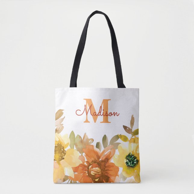 Orange blommonogram present med namn tygkasse (Framsida)