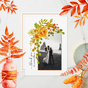 Orange blommor, bås med fotofallbröllop tack kort