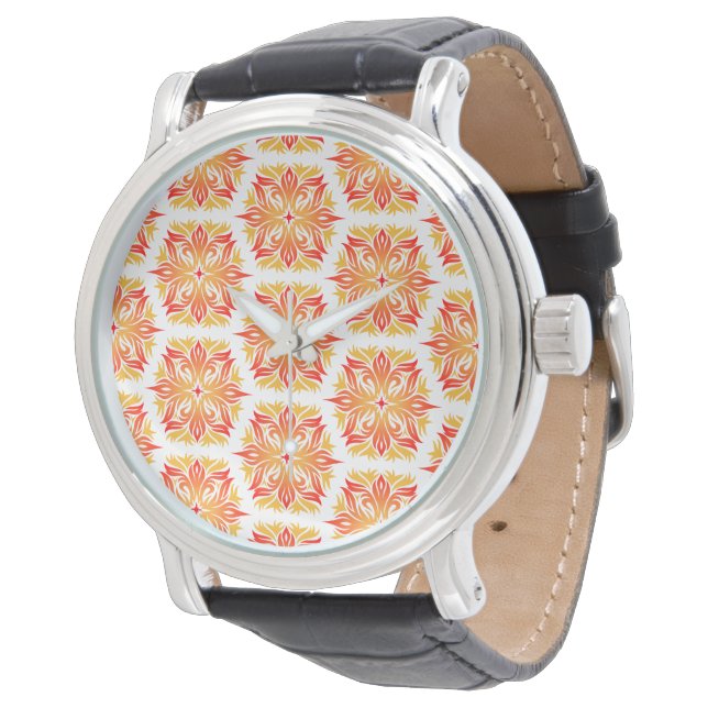 Orange blommor, blommönster, blomster mönster armbandsur (Vinklad)