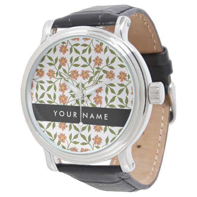 Orange Blommor, Blommönster, Boho, Ditt Namn Armbandsur (Vinklad)