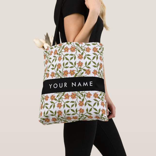 Orange Blommor, Blommönster, Boho, Ditt Namn Tygkasse (Närbild)
