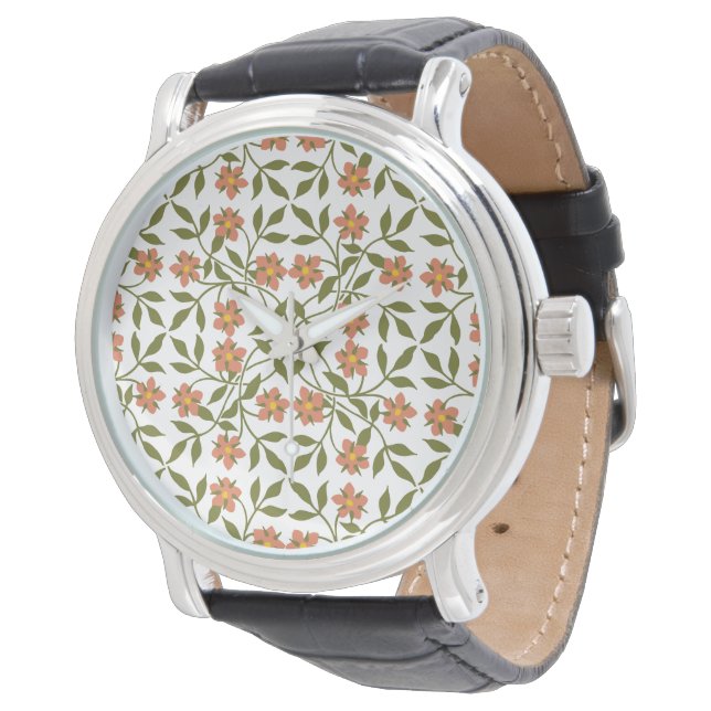 Orange blommor, Blommönster, Grönska, Boho Armbandsur (Vinklad)