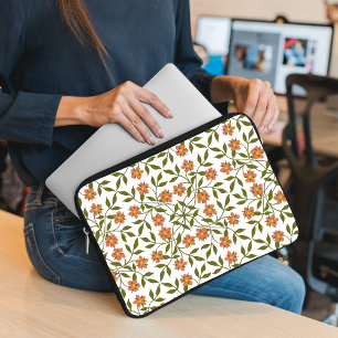 Orange blommor, Blommönster, Grönska, Boho Laptop Fodral