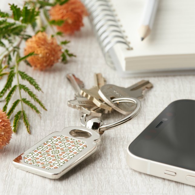 Orange blommor, Blommönster, Grönska, Boho Rektangulärt Silverfärgad Nyckelring (Sidan)