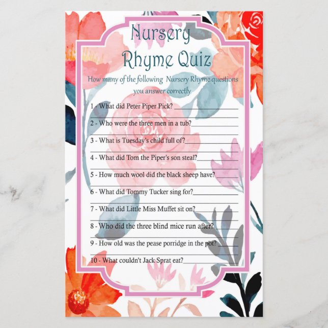 Orange blommor Nursery Rhyme Quiz baby shower spel (Framsida)
