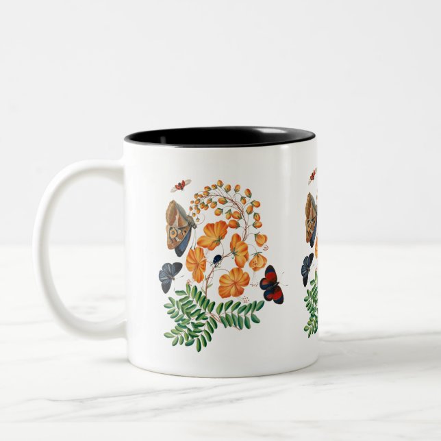 Orange blommor och fjärilar Två-Tonad mugg (Vänster)